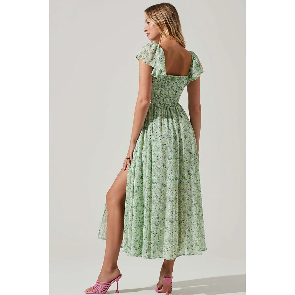 Fashionable Green Shivering Waist Slimming Temperament Lady Mid-length Dress