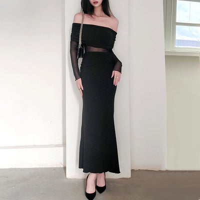 Women's Winter Sexy Off-the-shoulder Pleated Long Sleeve Polyester Dress