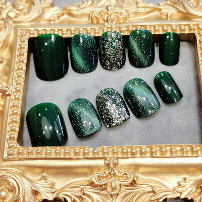 Fashionable Detachable Nail Piece Emerald Flashing Diamond Wearable Nail Art Finished Product 24 Fake Nail Patches