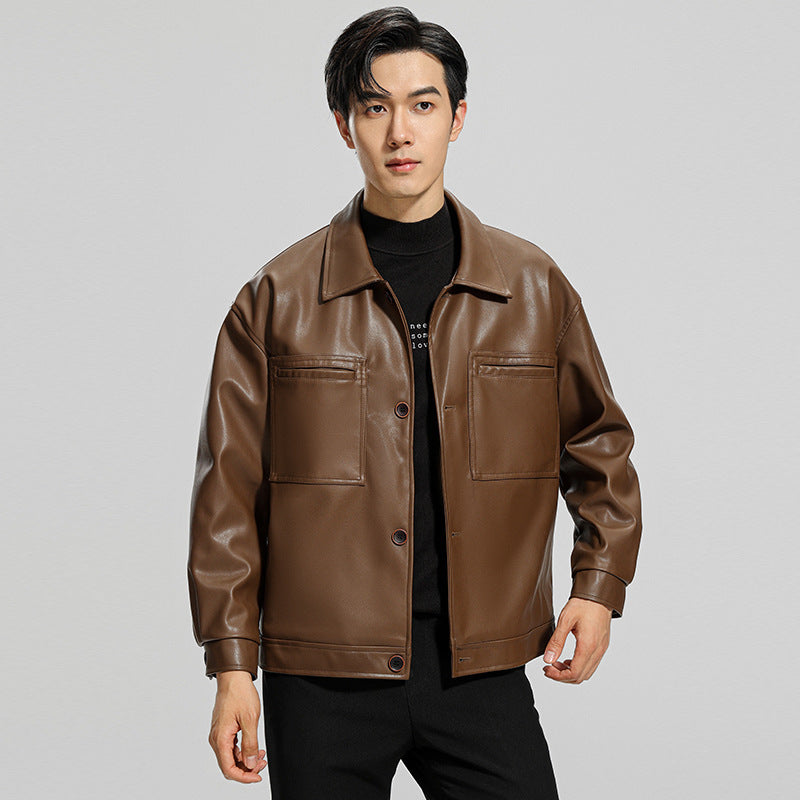 Fashion Youth Motorcycle Leather Coat Lapel Handsome Men's Jacket
