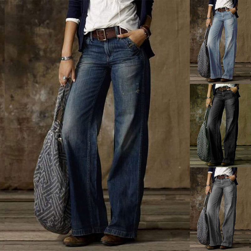 Retro Casual Jeans With Pockets Fashion Straight Trousers Leg Wide Leg Pants For Women