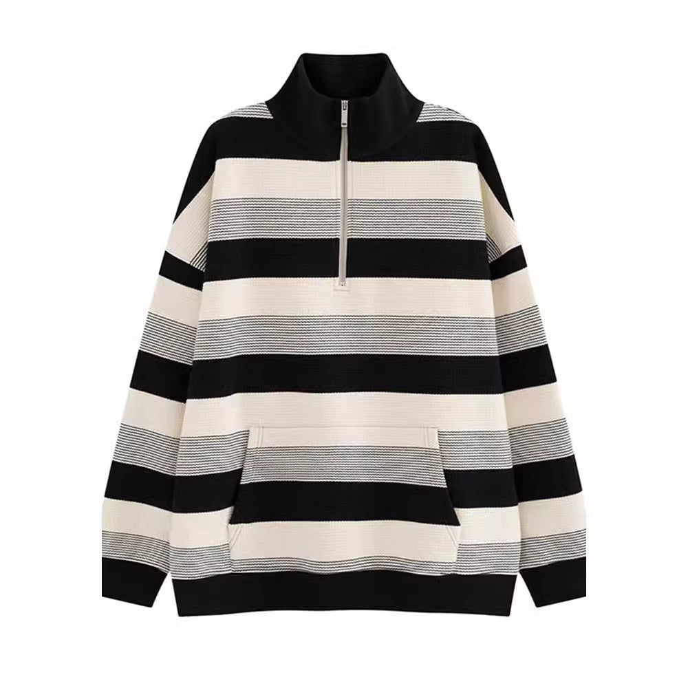 Women's American-style Retro Half-zip Striped Sweater
