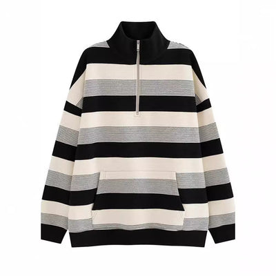 Women's American-style Retro Half-zip Striped Sweater