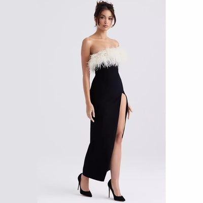 European And American Off-shoulder Contrast Color Ostrich Hair Tube Top High Slit Bandage One-piece Dress