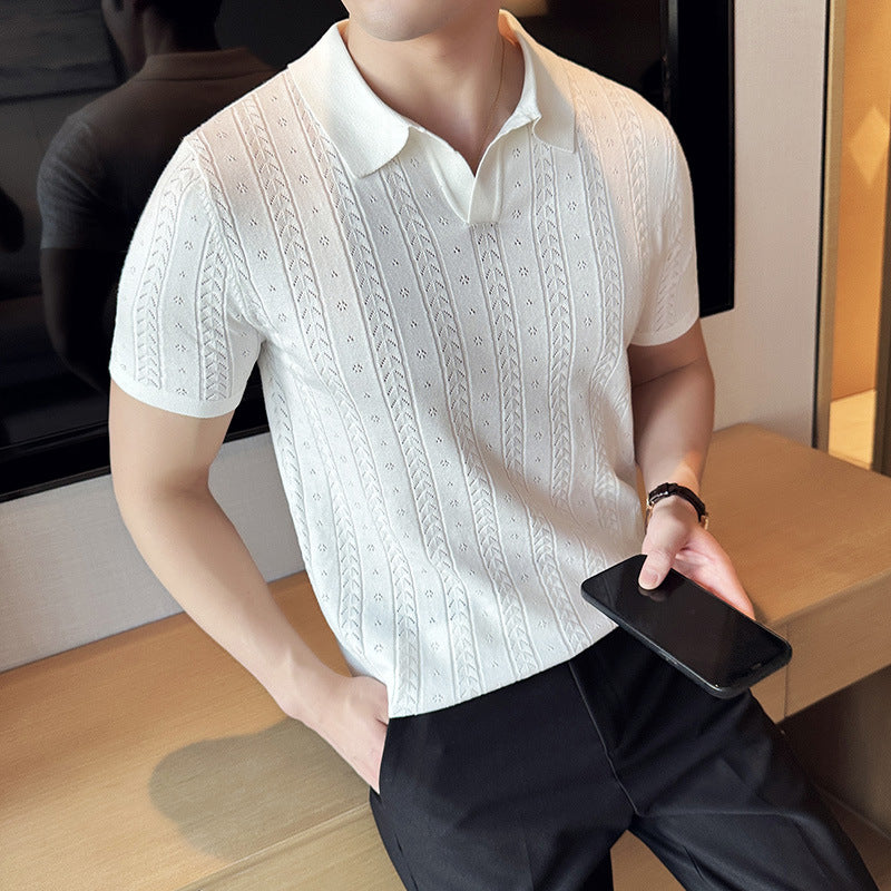 Striped Jacquard Knitted Short-sleeved T-shirt V-neck