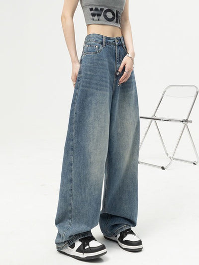 Women's Fashionable Loose High Waist Straight Wide Leg Jeans