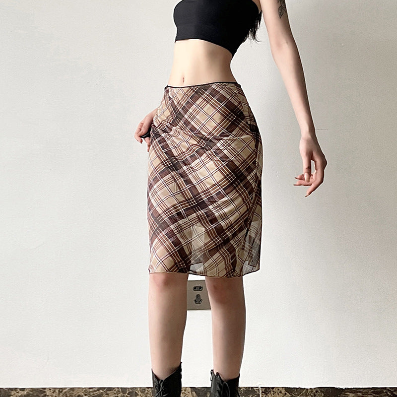 American Retro Style Easy Matching Mesh Plaid Skirt