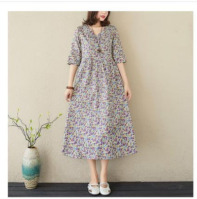 Artistic Plus Size Loose Cotton And Linen Floral V-neck Dress
