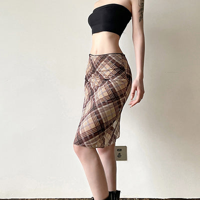 American Retro Style Easy Matching Mesh Plaid Skirt