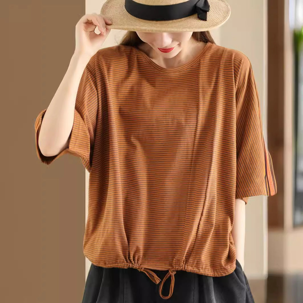 Women's Retro Striped Cotton Short-sleeved Drawstring Pullover