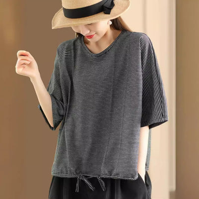 Women's Retro Striped Cotton Short-sleeved Drawstring Pullover