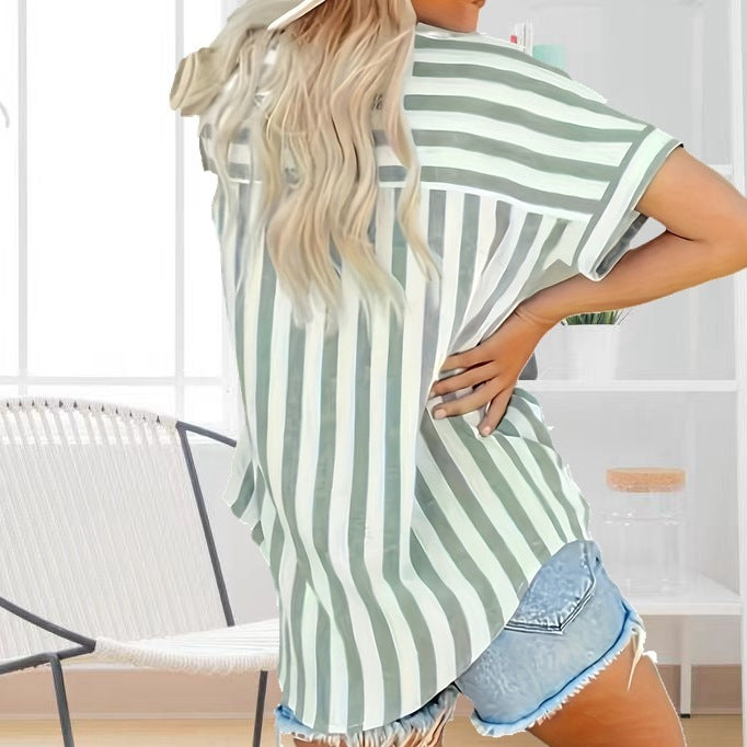 Fashion Elegant Comfortable Button Striped Plus Size Plump Girls Summer Shirt