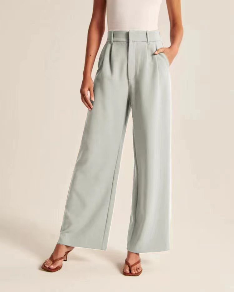 Commuter Drooping Slimming Solid Pocket High Waist Wide Leg Pants