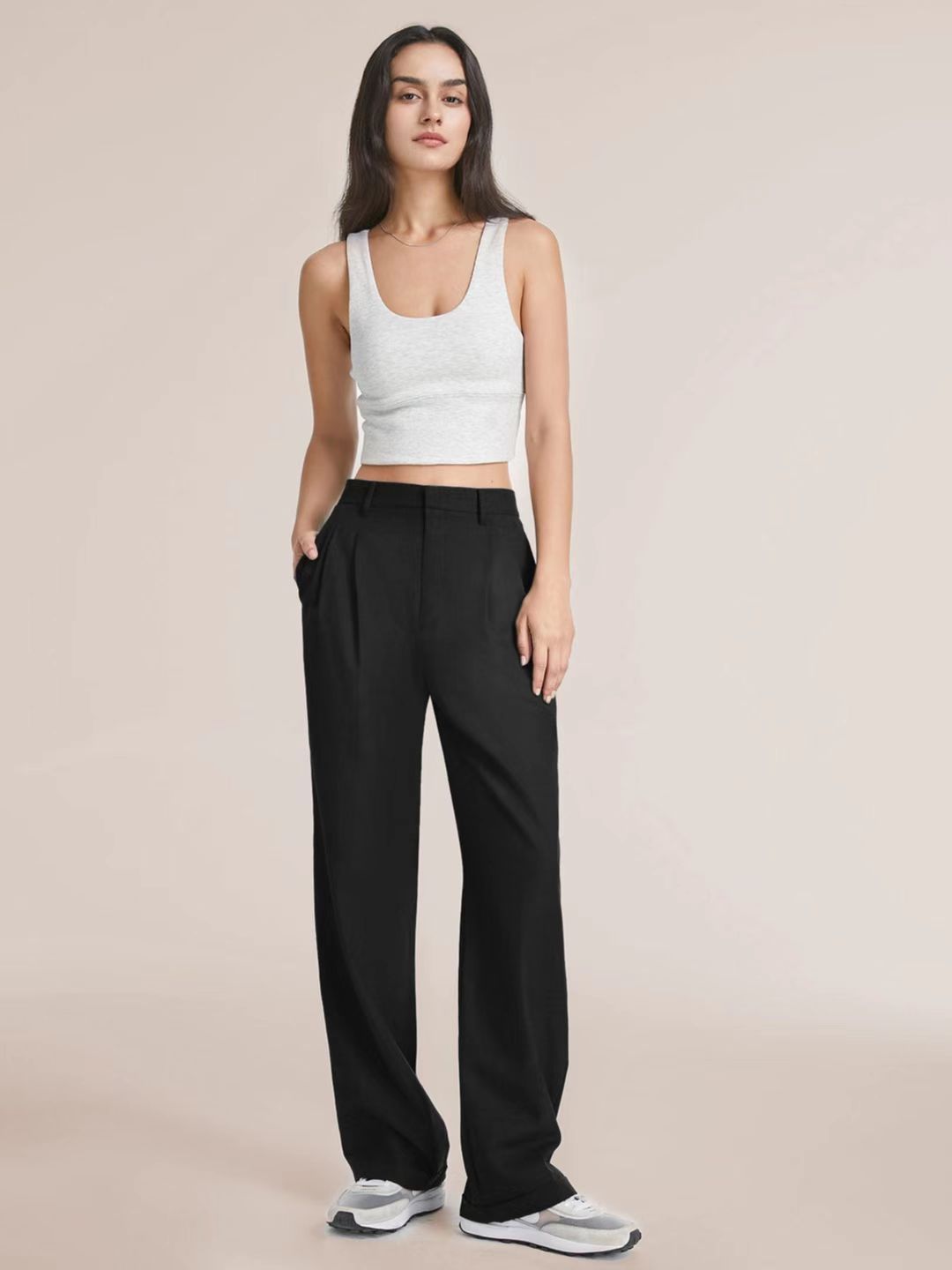 Commuter Drooping Slimming Solid Pocket High Waist Wide Leg Pants