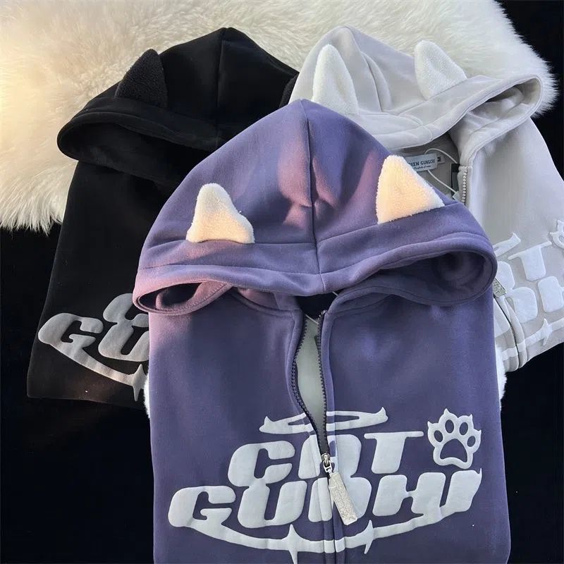 Winter Fleece-lined Thickened Magic Horn Hooded Sweater Women