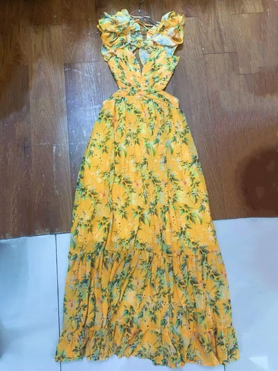 Women's Cut-out Ruffled Sleeveless Waist-controlled Large Hem Dress