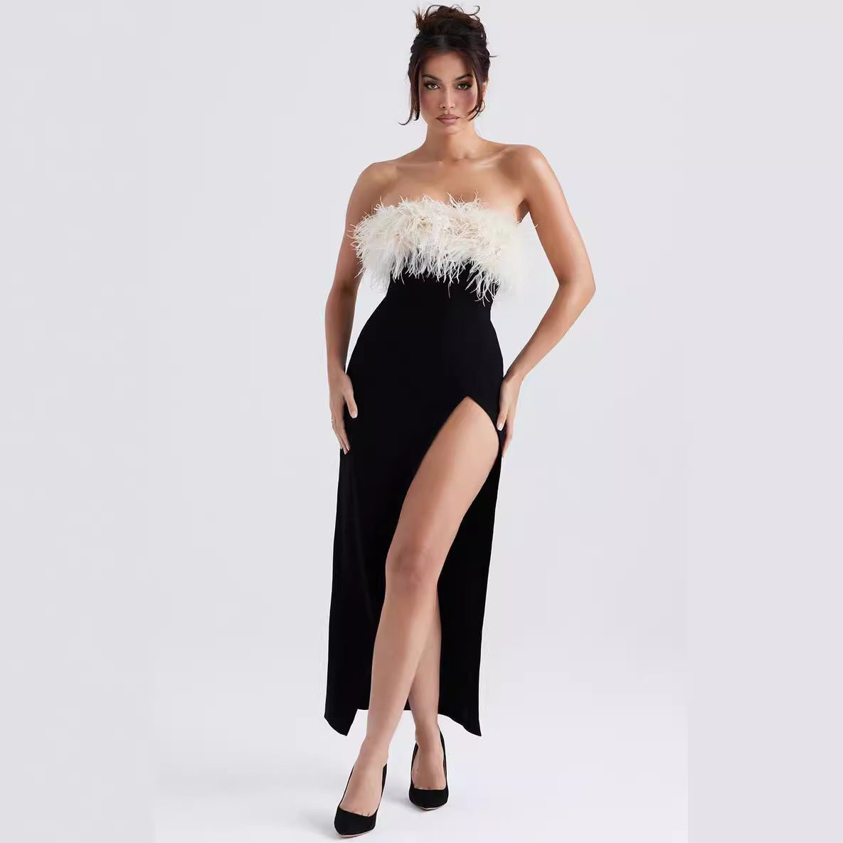 European And American Off-shoulder Contrast Color Ostrich Hair Tube Top High Slit Bandage One-piece Dress