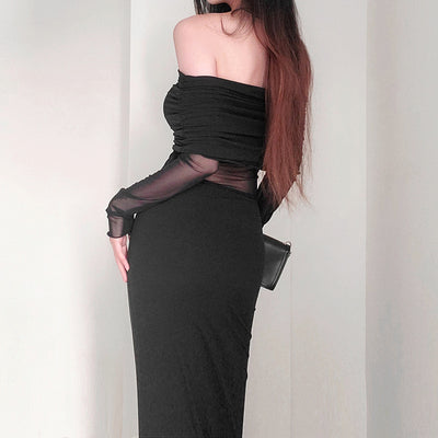 Women's Winter Sexy Off-the-shoulder Pleated Long Sleeve Polyester Dress