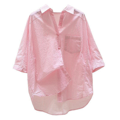 Pure Cotton Pink Striped Shirt Women's Artistic Fresh Batwing Sleeve Single Pocket Top